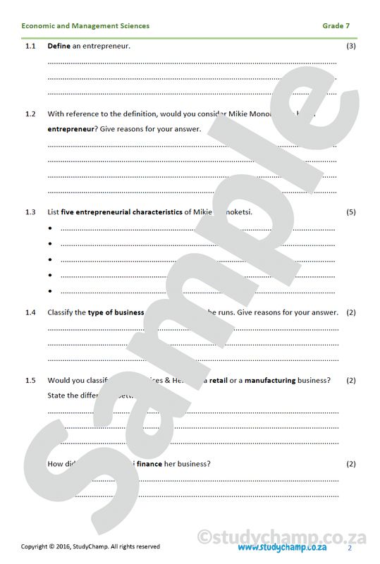 Grade 7 EMS Test: Entrepreneurs and new businesses