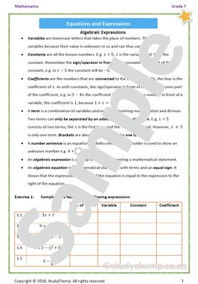 Grade 7 Mathematics Worksheet: Introduction to Algebra