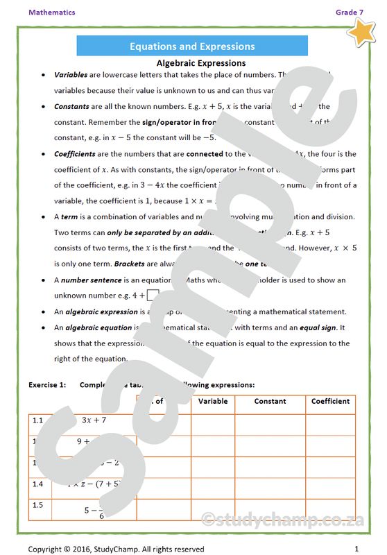 Grade 7 Mathematics Worksheet: Introduction to Algebra