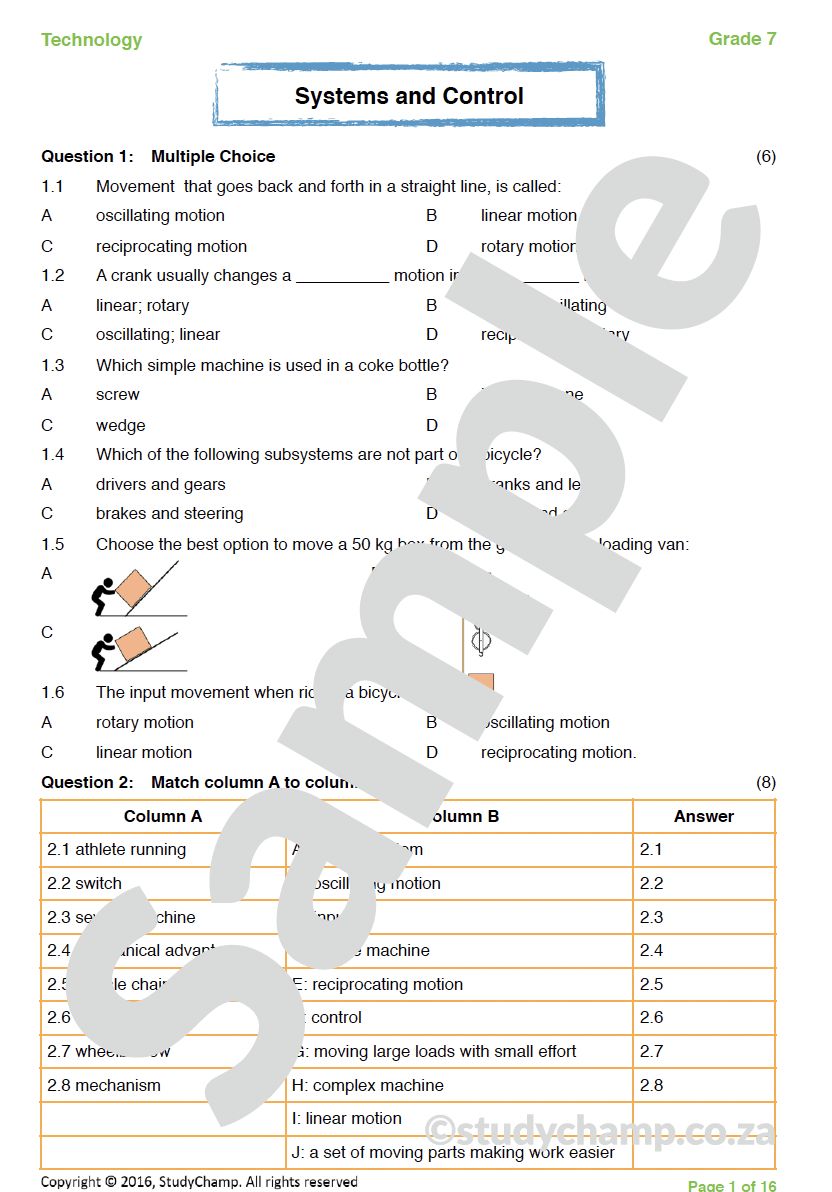 Grade 7 Technology Worksheet: Systems and Control