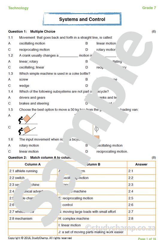 Grade 7 Technology Worksheet: Systems and Control