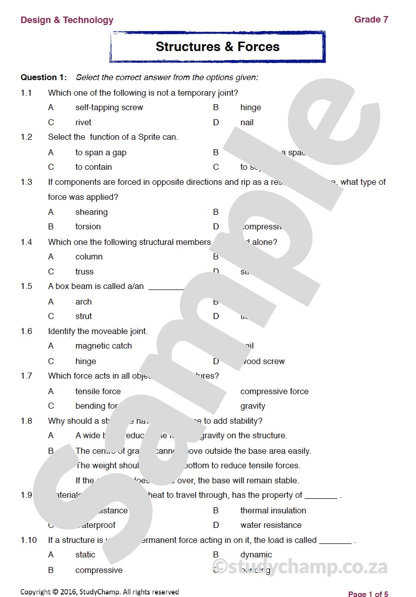 Grade 7 Technology Worksheet: Structures and Forces