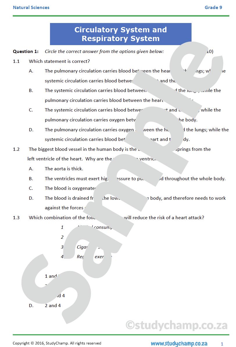 Grade 9 Natural Sciences Test: Circulatory and Respiratory Systems