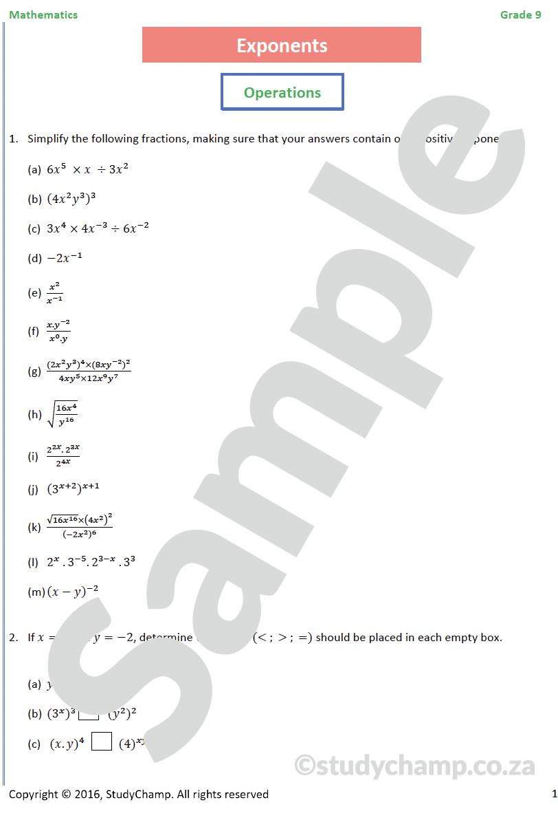 Grade 9 Mathematics Worksheet: Exponents