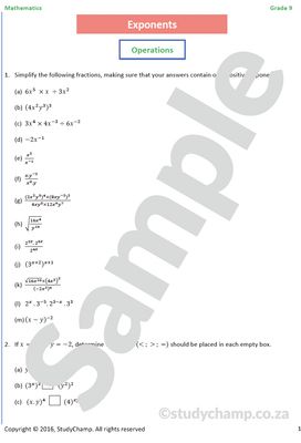 Grade 9 Mathematics Worksheet: Exponents