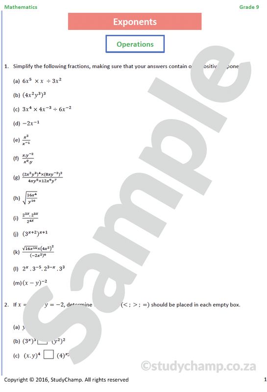 Grade 9 Mathematics Worksheet: Exponents