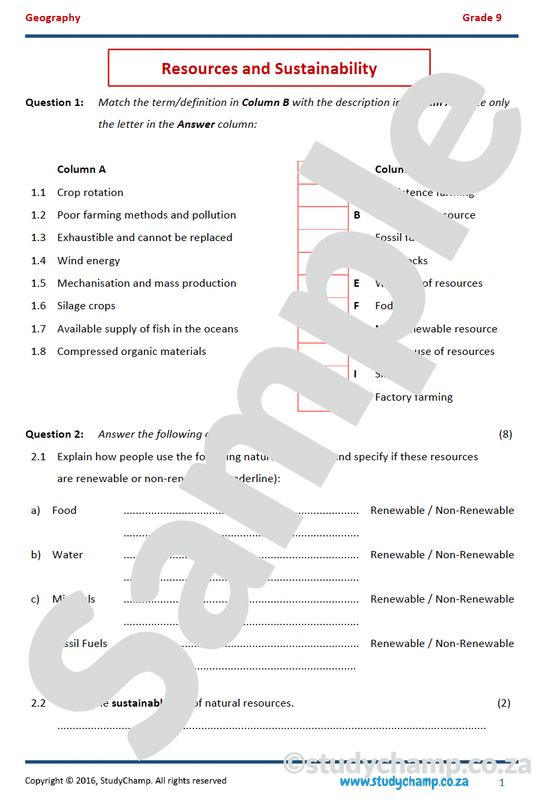 Grade 9 Geography Test: Resource Use and Sustainability