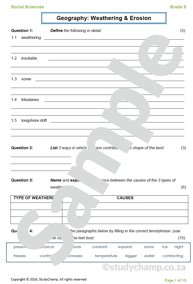 Grade 9 Geography Test: Weathering and Erosion