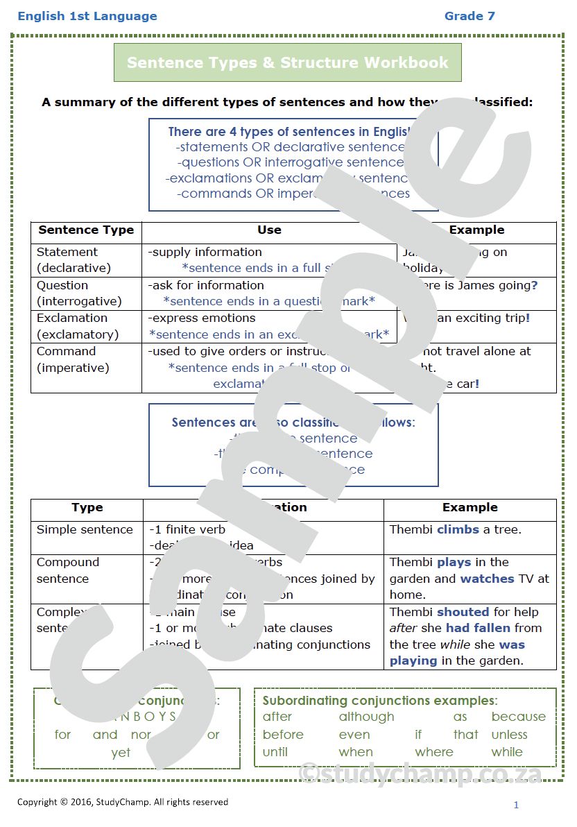 Grade 7 English Worksheet: Sentence Types and Structure
