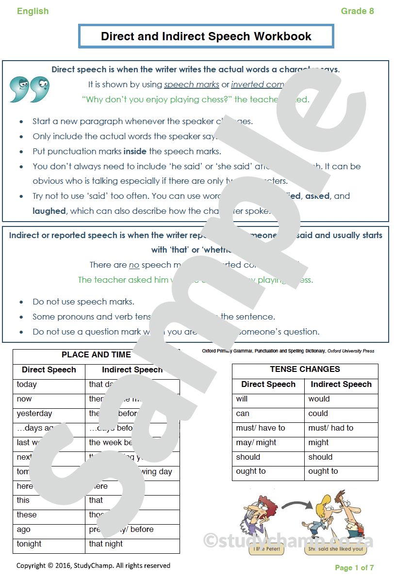 Grade 8 English Worksheet: Direct and Indirect Speech
