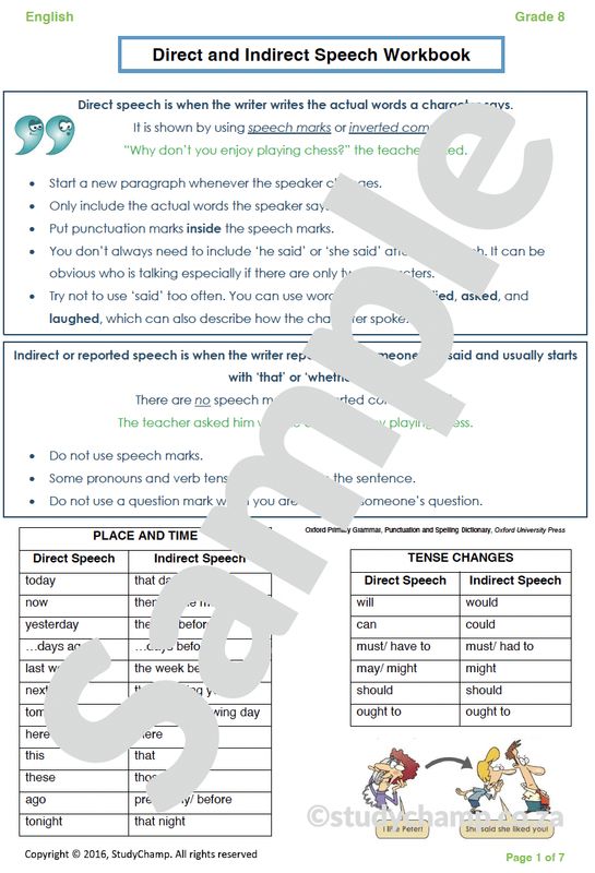 Grade 8 English Worksheet: Direct and Indirect Speech