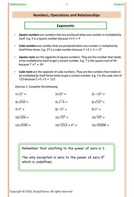 Grade 8 Mathematics Worksheet: Exponents and Scientific Notation