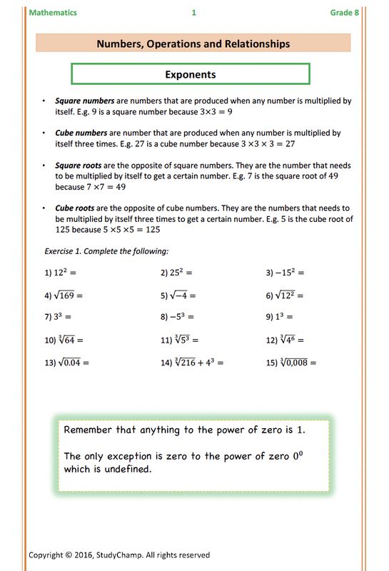 Grade 8 Mathematics Worksheet: Exponents and Scientific Notation