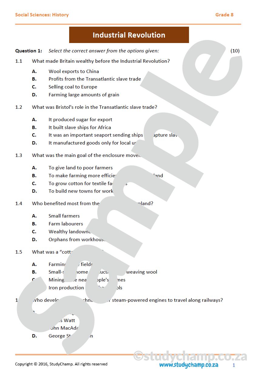 Grade 8 History Mid-year Exam: Industrial Revolution and Mineral Revolution