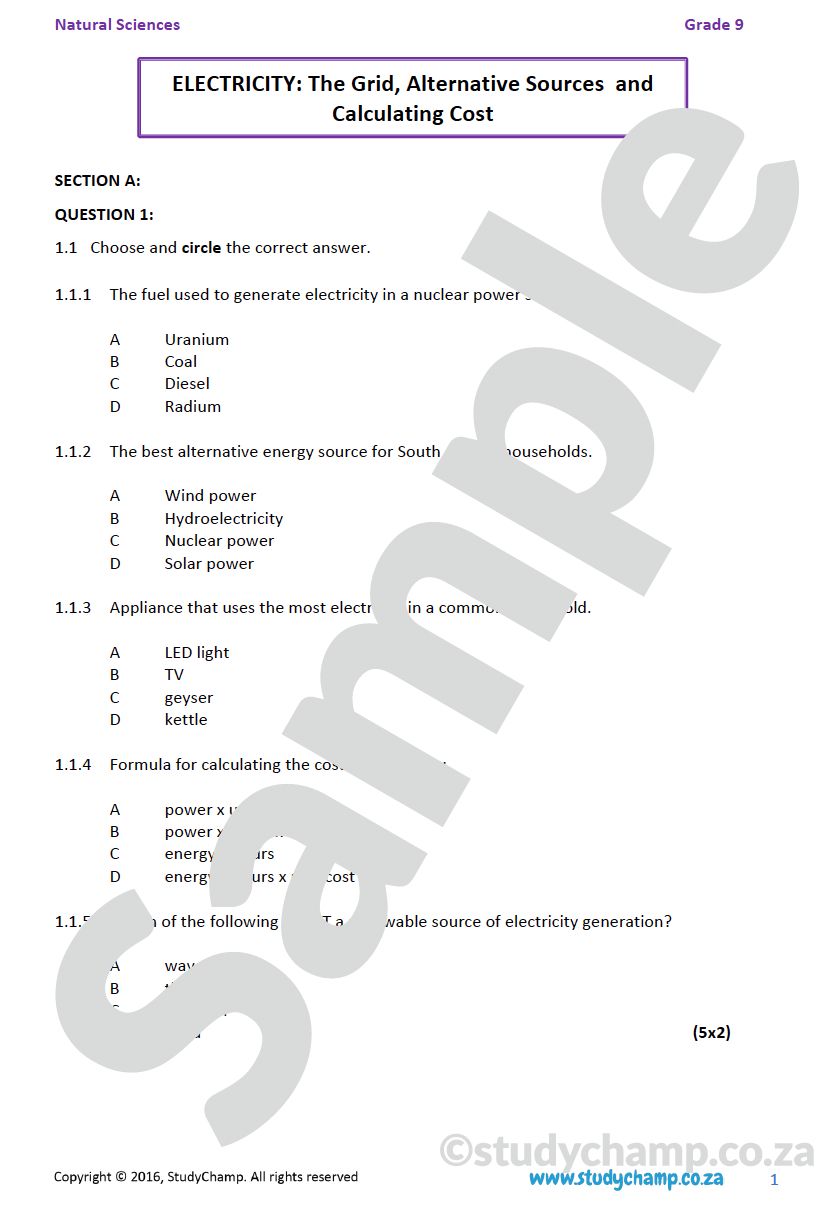 Grade 9 Natural Sciences Test: Electricity, Sources of energy and Cost