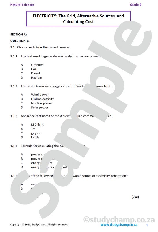 Grade 9 Natural Sciences Test: Electricity, Sources of energy and Cost