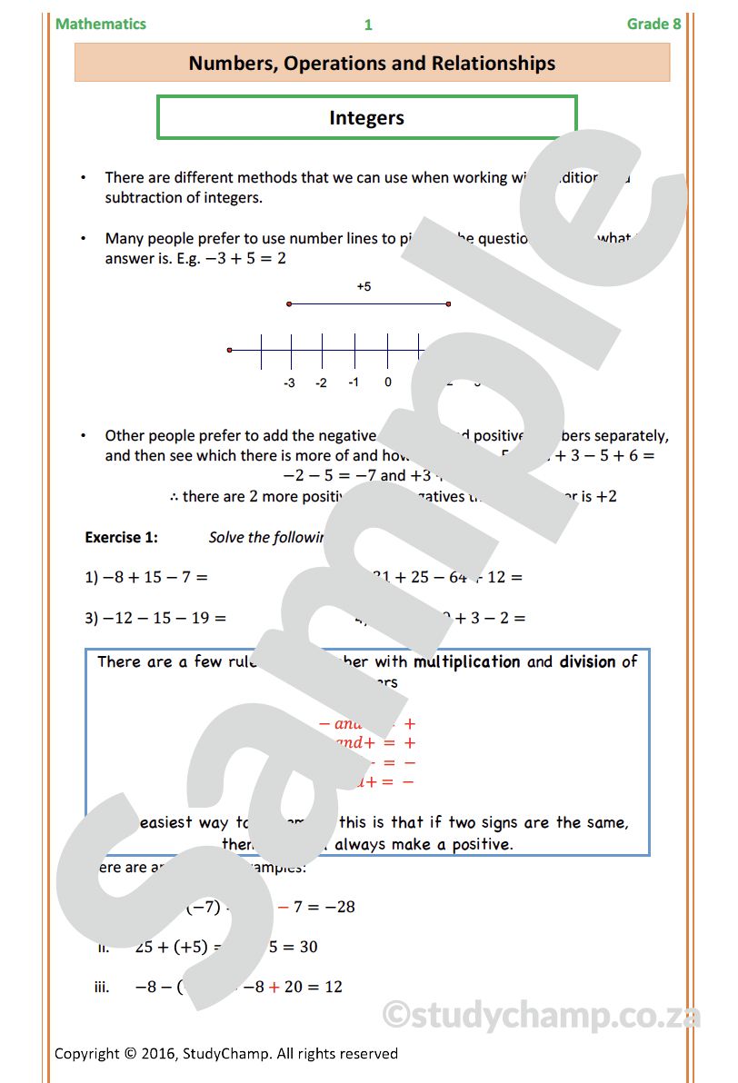 Grade 8 Mathematics Worksheet: Integers, Rate and Ratio