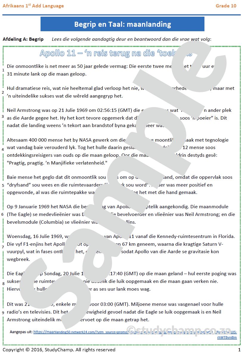 Grade 10 Afrikaans: Begrip en Taal - Maanlanding