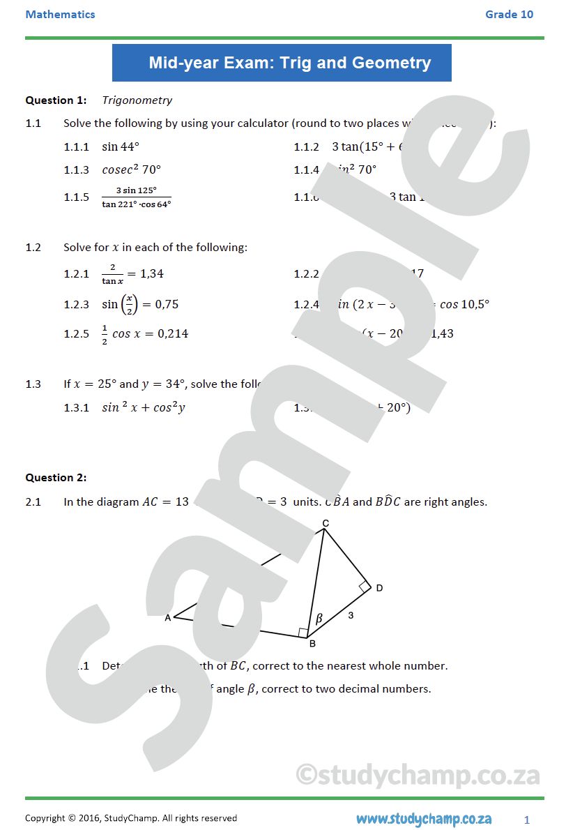Grade 10 Mathematics Mid-year Exam Revision: Workbook 3