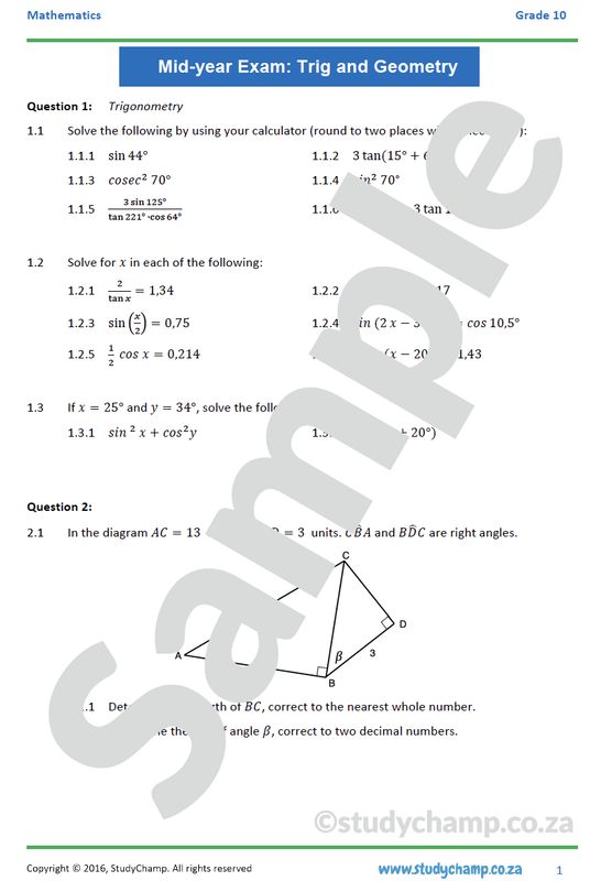Grade 10 Mathematics Mid-year Exam Revision: Workbook 3