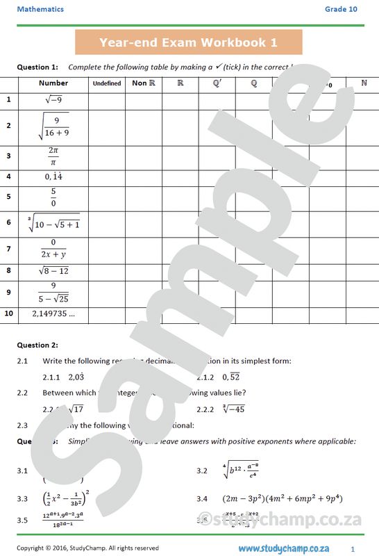Grade 10 Mathematics Year-end Exam Revision: Workbook 1