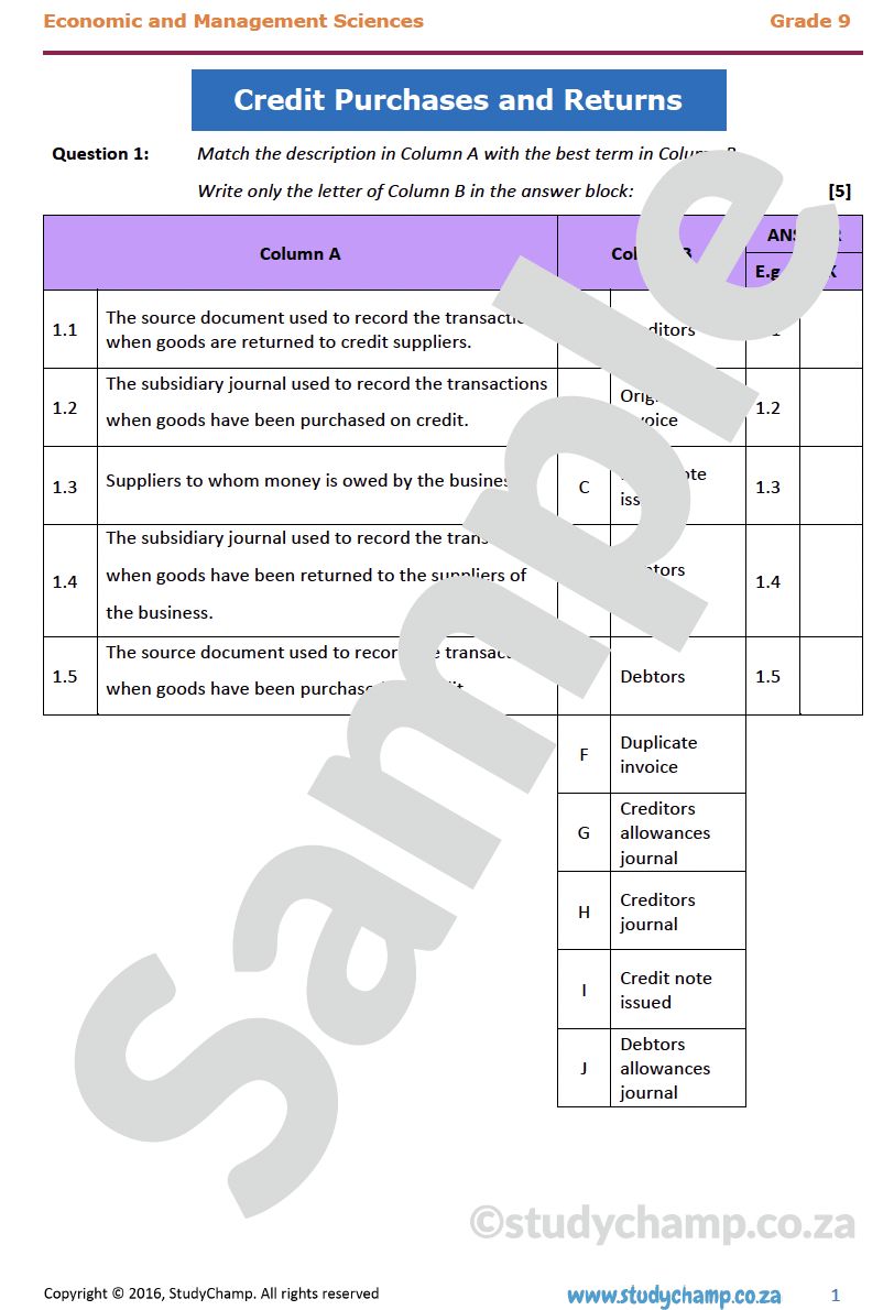 Grade 9 EMS Test: Credit purchases and Returns