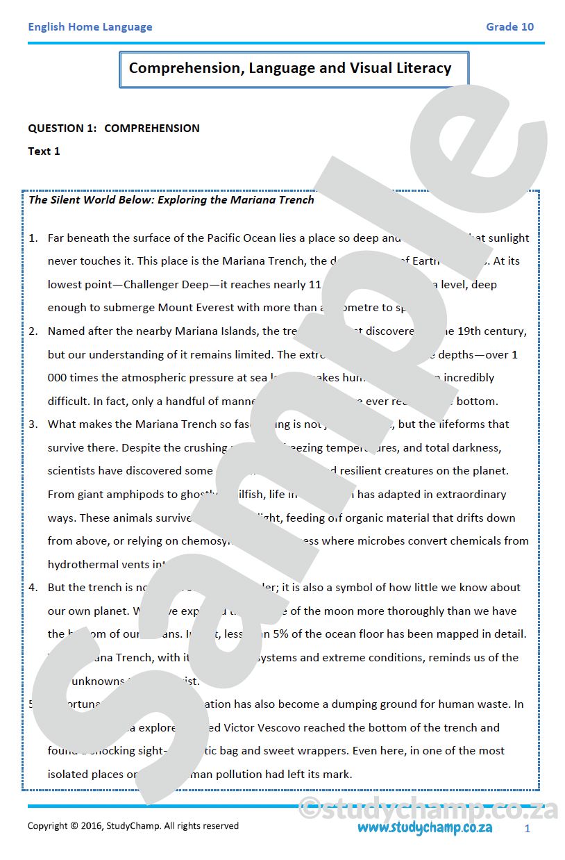 Grade 10 English: Comprehension, Visual Literacy and Language - Mariana Trench