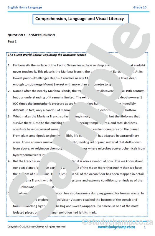 Grade 10 English: Comprehension, Visual Literacy and Language - Mariana Trench