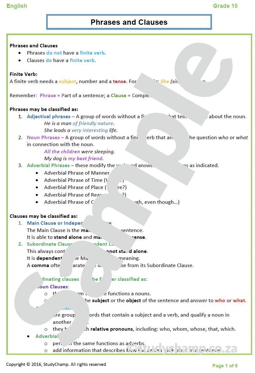 Grade 10 English: Phrases and Clauses