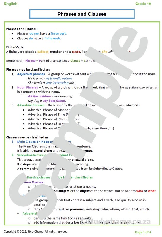 Grade 10 English: Phrases and Clauses