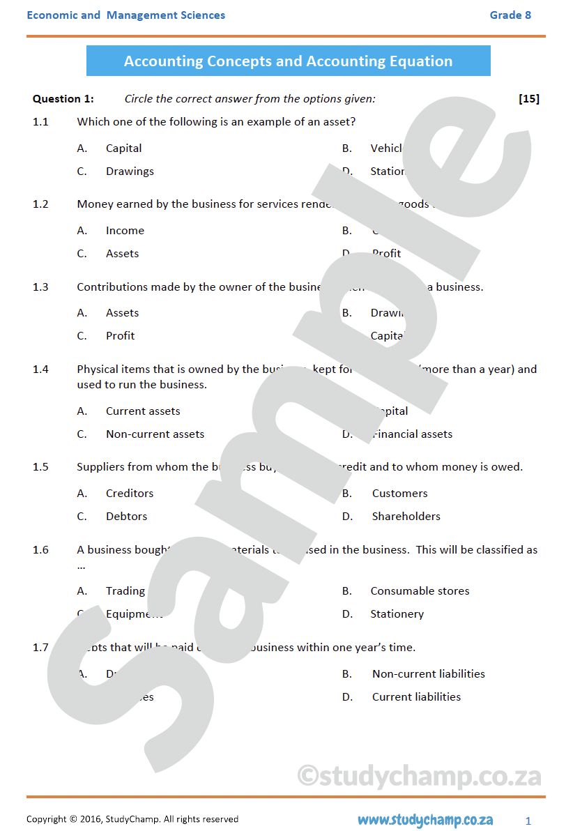Grade 8 EMS Test: Accounting concepts and Accounting Equation