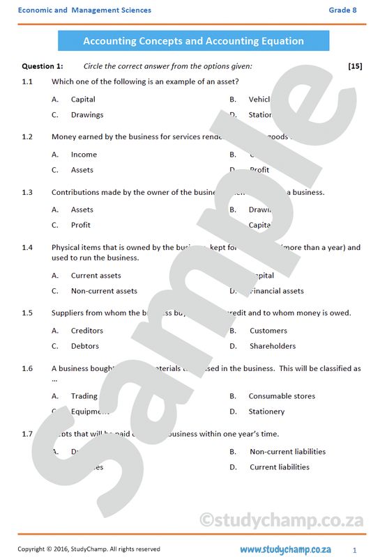 Grade 8 EMS Test: Accounting concepts and Accounting Equation