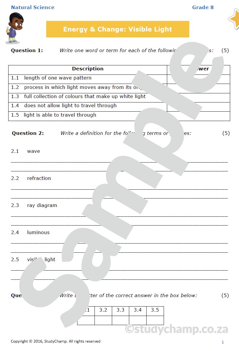 Grade 8 Natural Sciences Test: Visible Light