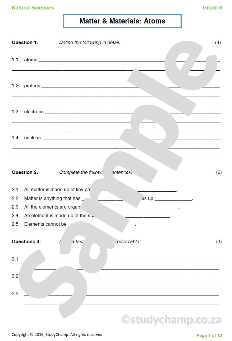 Grade 8 Natural Sciences Test: Atoms