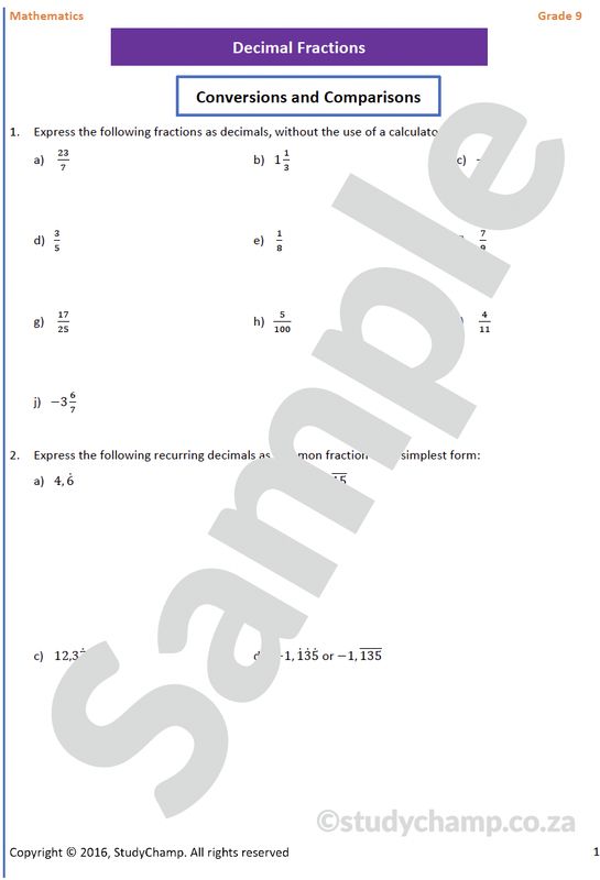 Grade 9 Mathematics Worksheet: Decimal Fractions