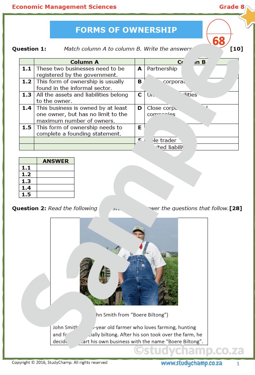 Grade 8 EMS Test: Forms of Ownership