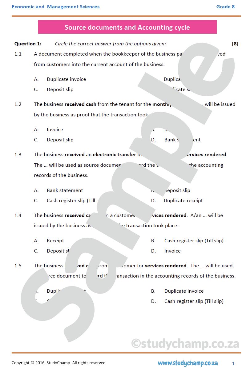 Grade 8 EMS Test: Source document and Accounting cycle