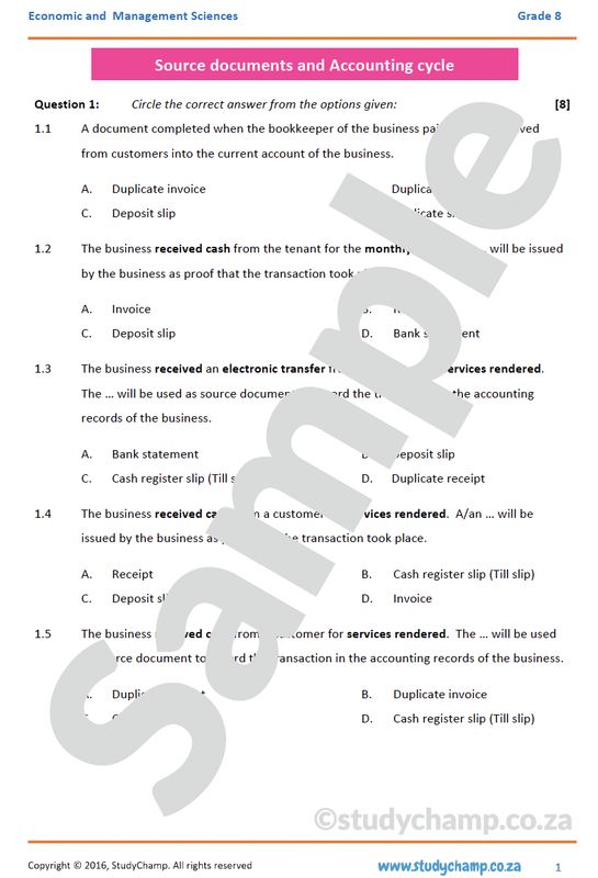 Grade 8 EMS Test: Source document and Accounting cycle