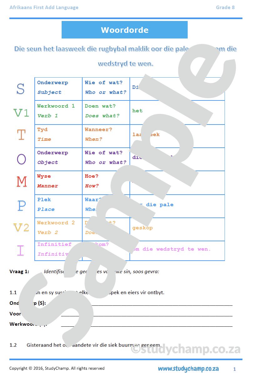Grade 8 Afrikaans: Woordorde