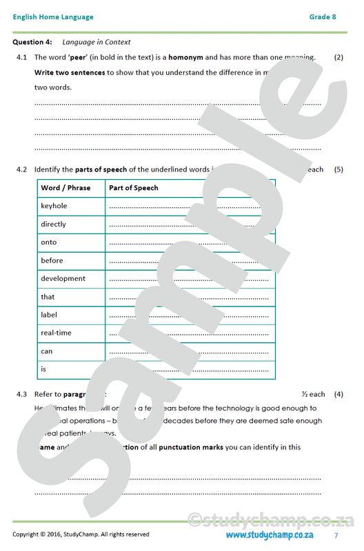Grade 8 English Mid-year Exam Revision: Comprehension and Language
