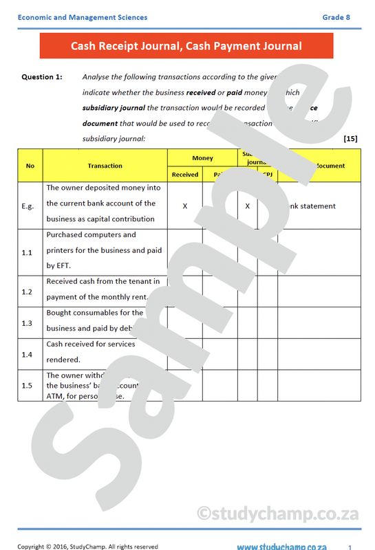Grade 8 EMS Test: Cash Journals