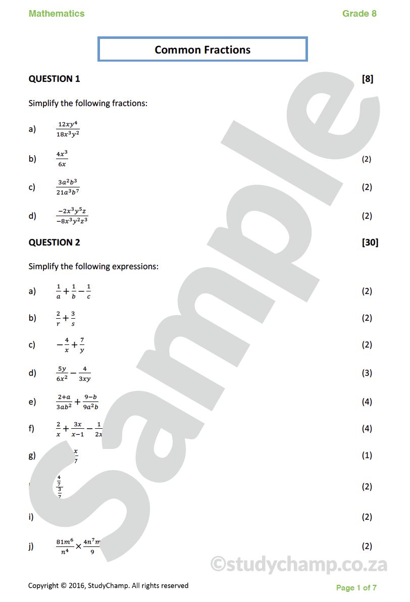 Grade 8 Mathematics Test: Common Fractions