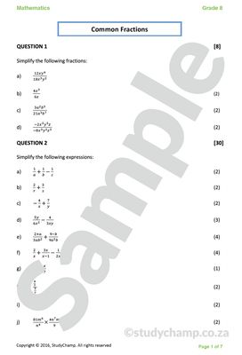 Grade 8 Mathematics Test: Common Fractions