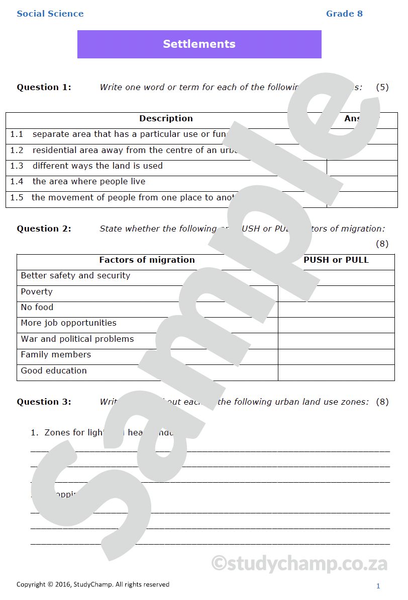 Grade 8 Geography Test: Settlements