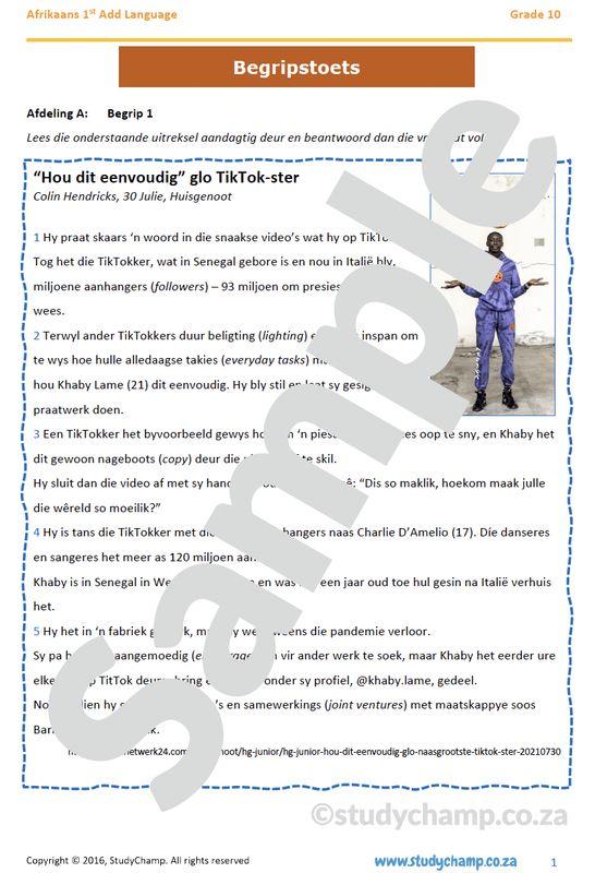 Grade 10 Afrikaans Year-end Exam Revision: Begrip en Taal