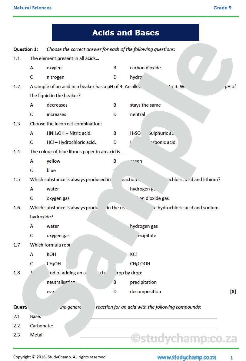 Grade 9 Natural Sciences Test: Acids, Bases and Reactions