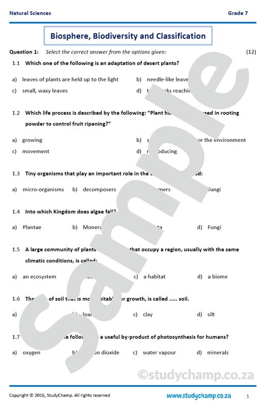 Grade 7 Natural Sciences Test: Biosphere, biodiversity and classification