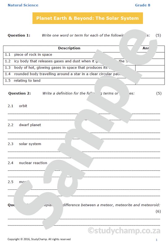 Grade 8 Natural Sciences Test: Solar System