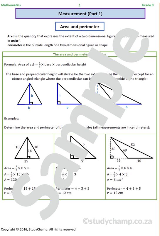 Grade 8 Mathematics Worksheet: Measurement - Area and Perimeter