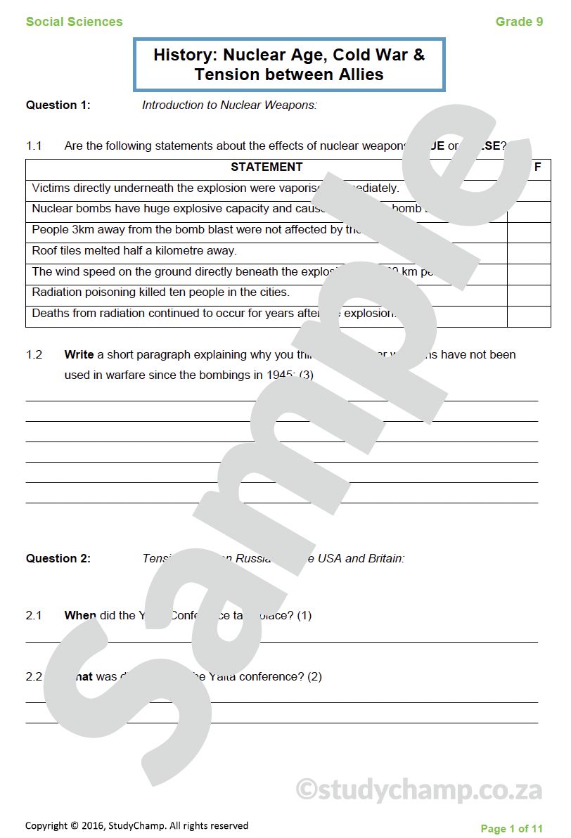 Grade 9 History Test: Nuclear Age and Cold War